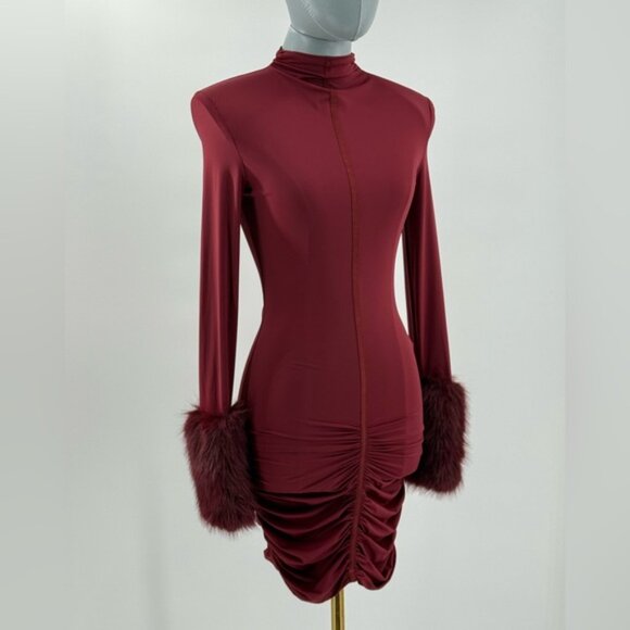 🆕 BRONX & BANCO 🧿 NWOT Eleanor Burgundy Fur Trimmed Mini Dress, Sz XS US 2 - Picture 12 of 17